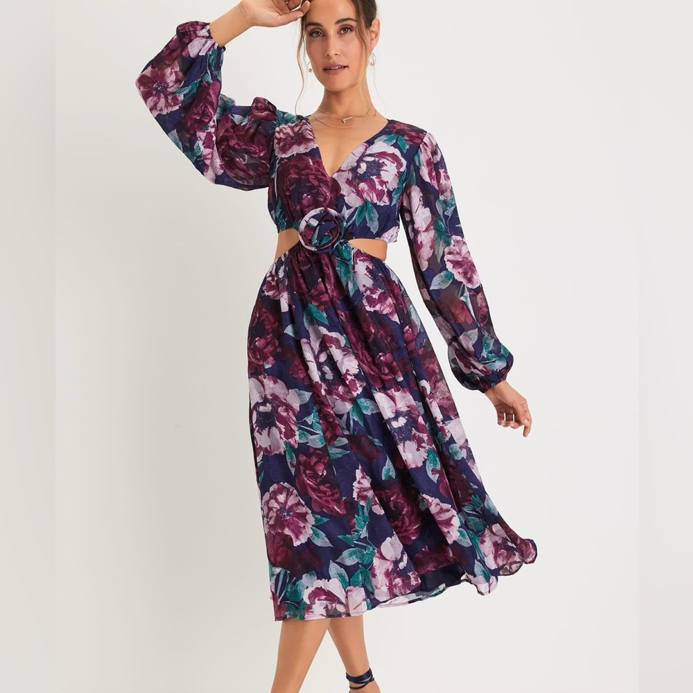 Lulus Garden Gem Navy Floral Jacquard Cutout Rosette Dress in Medium